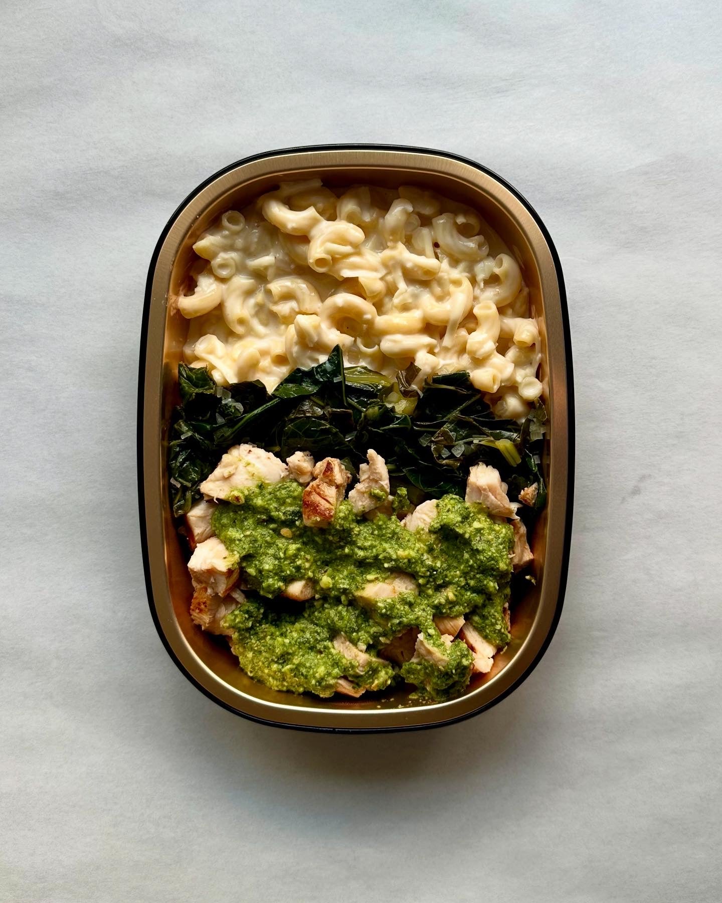 Pesto Chicken - Protein Mac and Cheese - Bone Broth Collards