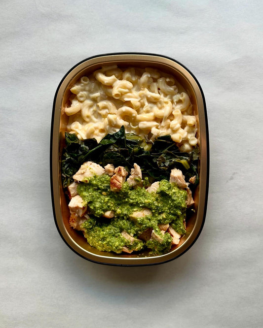 Pesto Chicken - Protein Mac and Cheese - Bone Broth Collards